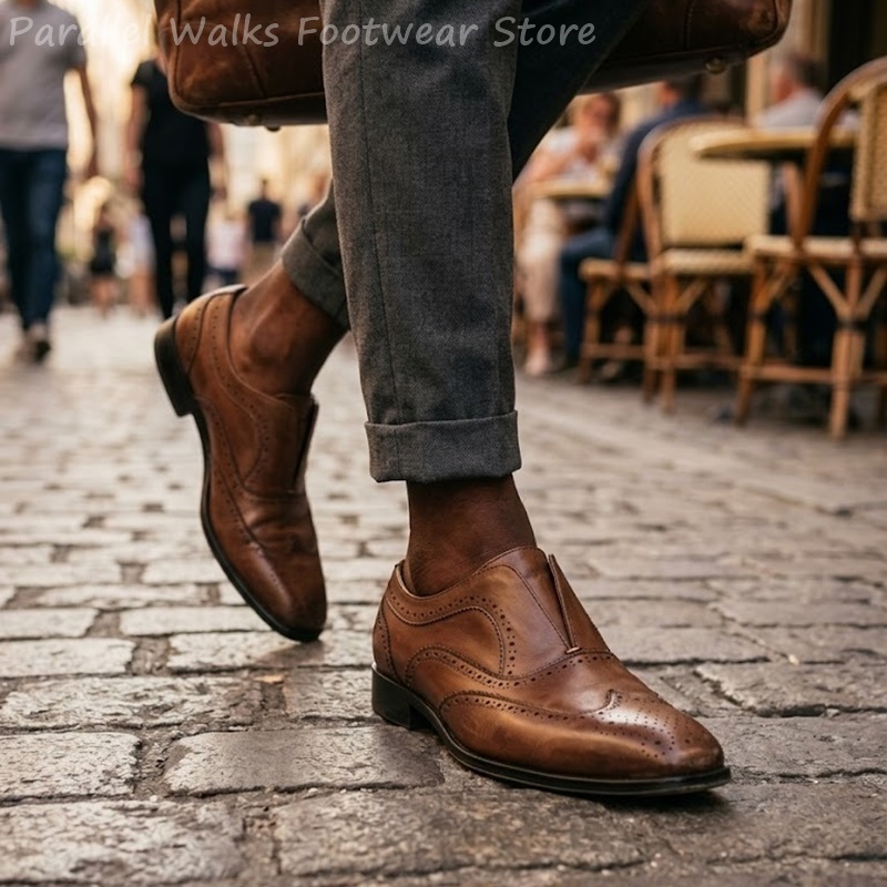 Men Shoes Oxford - Heren bruine leren brogueschoenen, slip-on, elastisch,